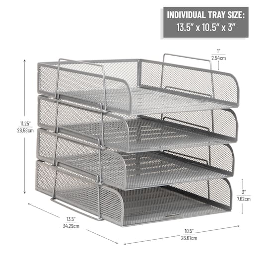 Mind Reader Stackable Paper Tray, Desktop Organizer, File Storage, Office, Metal Mesh, 4 Pcs., SIlver